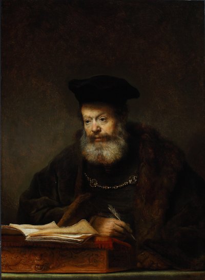 彼のライティングテーブルで学者、1641 作： Rembrandt van Rijn