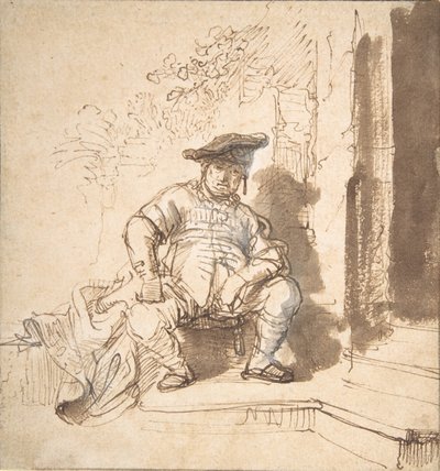 フラットキャップをかぶった着席の男性、1635-40。 作： Rembrandt van Rijn