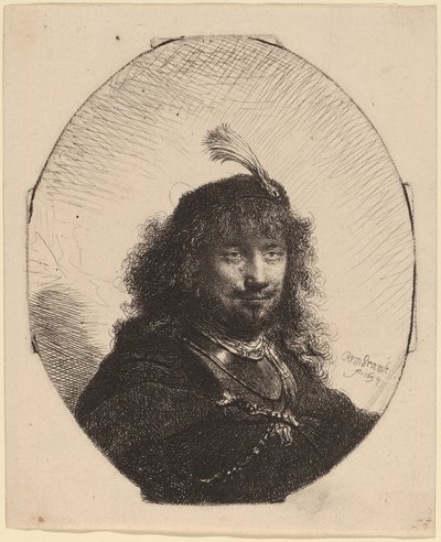 自画像 (?) 羽毛帽と下げたサーベル 作： Rembrandt van Rijn