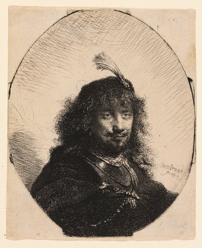 自画像 (?) 羽毛帽と下げたサーベル 作： Rembrandt van Rijn