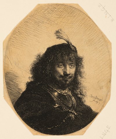 自画像 (?) 羽毛帽と下げたサーベル 作： Rembrandt van Rijn
