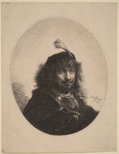 羽飾りのついた帽子をかぶり、サーベルを下ろした自画像（？） 作： Rembrandt van Rijn
