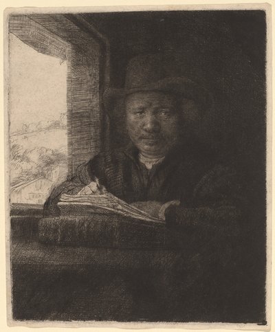 窓辺で自画像を描く 作： Rembrandt van Rijn