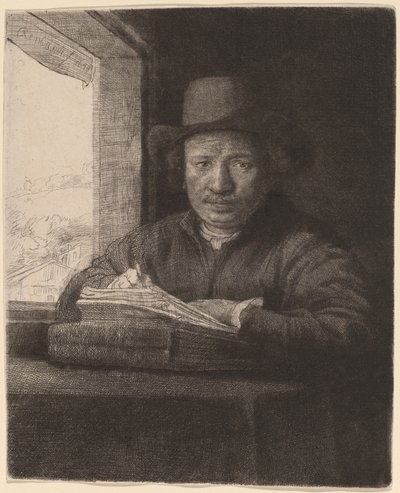 窓辺で自画像を描く 作： Rembrandt van Rijn