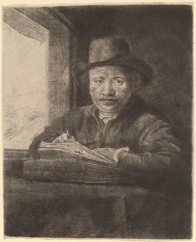 窓辺で自画像を描く 作： Rembrandt van Rijn