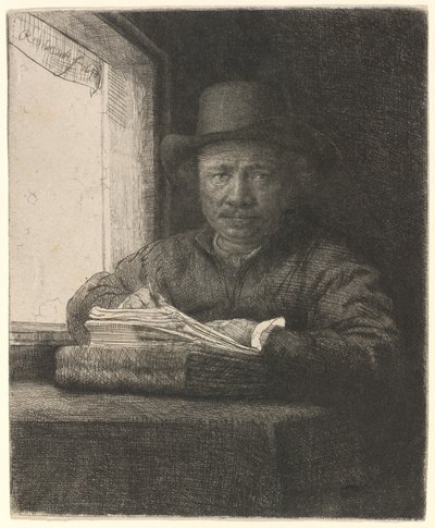 窓辺で自画像を描く 作： Rembrandt van Rijn