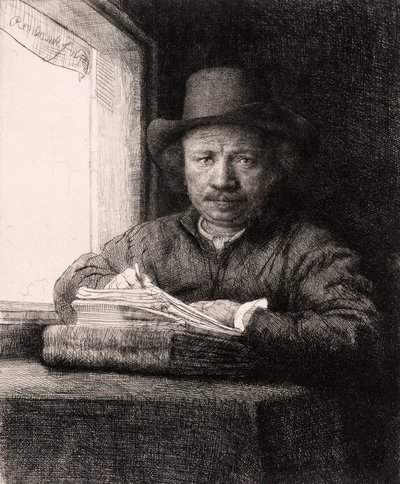 レンブラント・ファン・レインの「窓辺に描く自画像 作： Rembrandt van Rijn