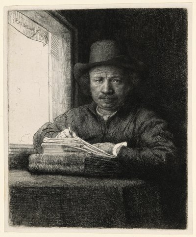 窓際の自画像エッチング 作： Rembrandt van Rijn