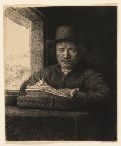 窓際の自画像エッチング 作： Rembrandt van Rijn