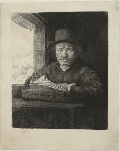 窓際の自画像エッチング 作： Rembrandt van Rijn