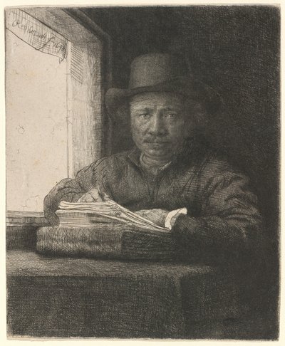 窓辺での自画像（エッチング） 作： Rembrandt van Rijn