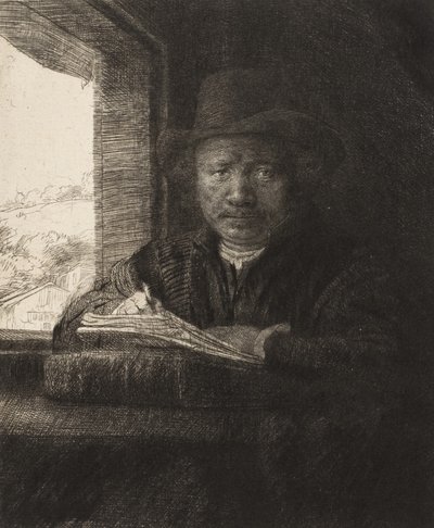 窓辺の自画像エッチング、1648年、1648年。 作： Rembrandt van Rijn