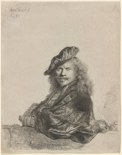 石の敷居に寄りかかる自画像 作： Rembrandt van Rijn