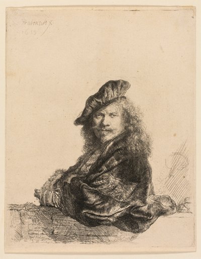 石の敷居に寄りかかる自画像 作： Rembrandt van Rijn