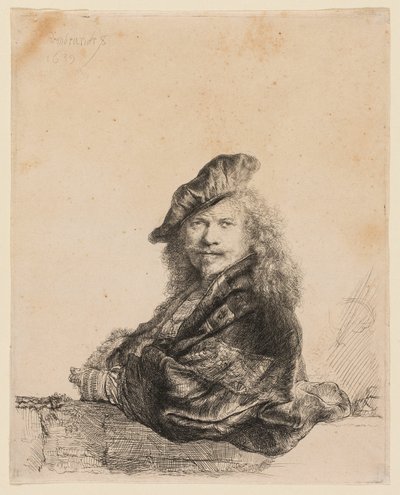 石の敷居に寄りかかる自画像 作： Rembrandt van Rijn