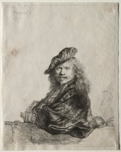 石の敷居に寄りかかる自画像、1639年。 作： Rembrandt van Rijn