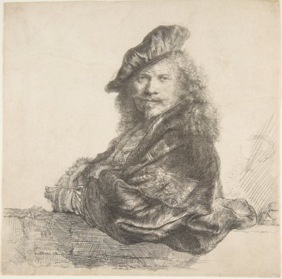 石の壁に寄りかかって自画像、1639年。 作： Rembrandt van Rijn