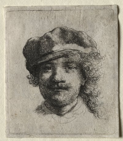 ソフトキャップをかぶった自画像：顔全体、頭のみ 作： Rembrandt van Rijn