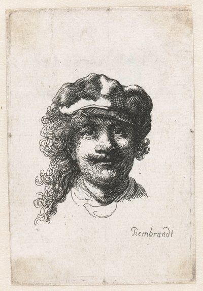 ソフトキャップをかぶった自画像：フルフェイス、ヘッドのみ、c。 1635年。 作： Rembrandt van Rijn