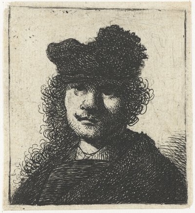帽子とダーク マントの自画像: 胸像、1631 年頃。 作： Rembrandt van Rijn