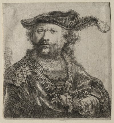 プルーム付きベルベットキャップの自画像、1638年。 作： Rembrandt van Rijn