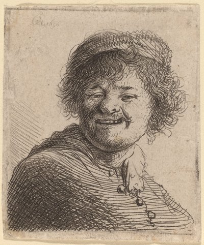 帽子の自画像：笑う 作： Rembrandt van Rijn