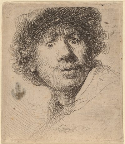 帽子の自画像、口を開けて 作： Rembrandt van Rijn