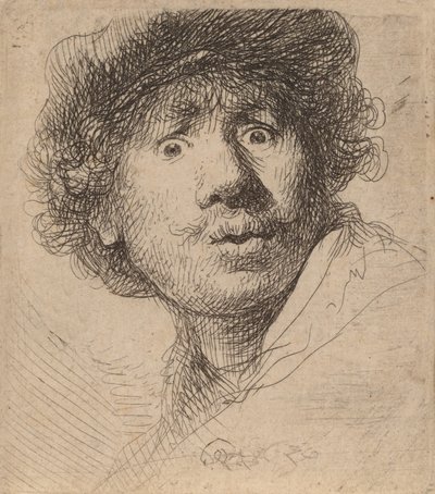 帽子をかぶった自画像、口を開けた状態、1630年。 作： Rembrandt van Rijn