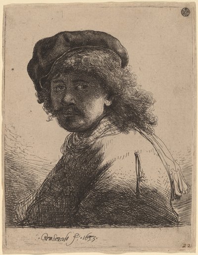 帽子とマフラーの自画像、顔は暗い 作： Rembrandt van Rijn