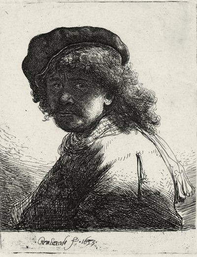 帽子とスカーフの顔の暗い自画像、1633 作： Rembrandt van Rijn