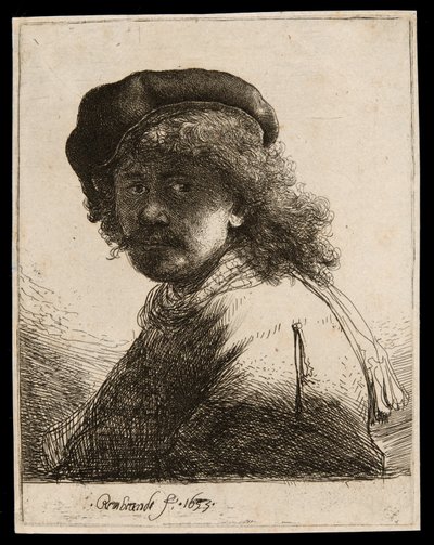 帽子とマフラーの自画像 暗い顔：バスト 作： Rembrandt van Rijn