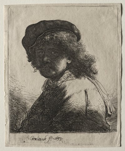 帽子とマフラーの自画像 暗い顔：バスト 作： Rembrandt van Rijn
