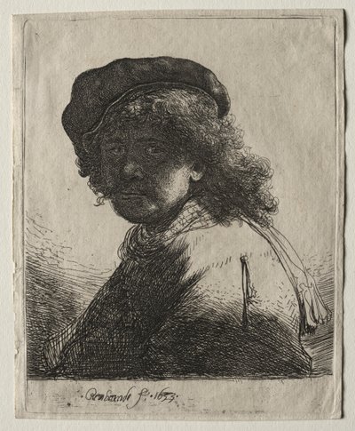 顔の暗いキャップとスカーフの自画像：バスト、1633年。 作： Rembrandt van Rijn