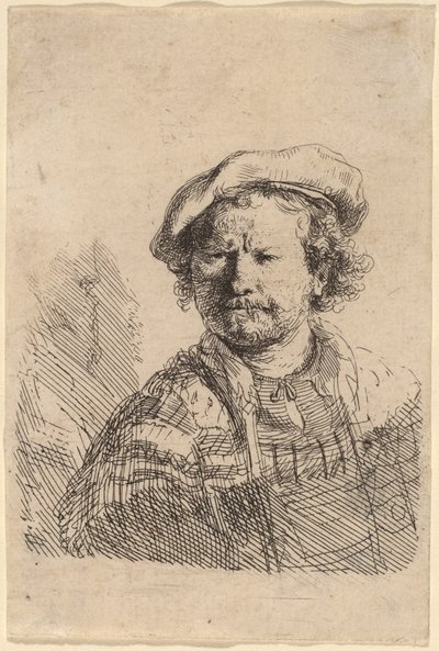 フラットキャップと刺繍ドレスの自画像 作： Rembrandt van Rijn