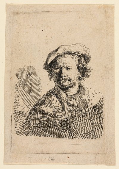 フラットキャップと刺繍ドレスの自画像 作： Rembrandt van Rijn