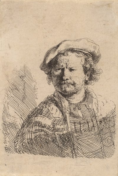 フラットキャップと刺繍ドレスの自画像、c。 1642年。 作： Rembrandt van Rijn