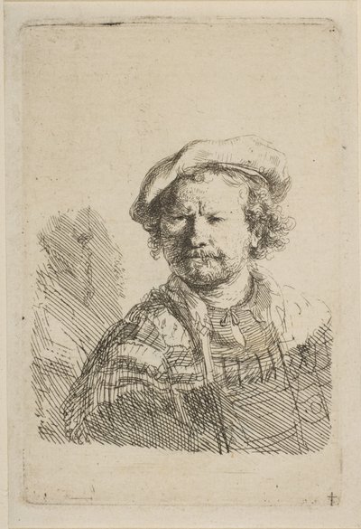 フラットキャップと刺繍ドレスの自画像、ca。 1642年。 作： Rembrandt van Rijn