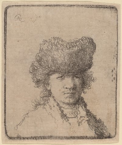 毛皮の帽子の自画像 作： Rembrandt van Rijn