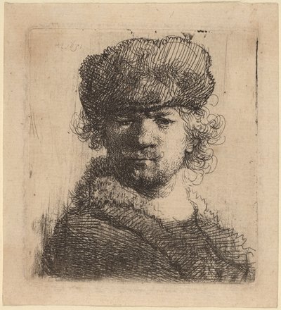 重い毛皮の帽子の自画像 作： Rembrandt van Rijn