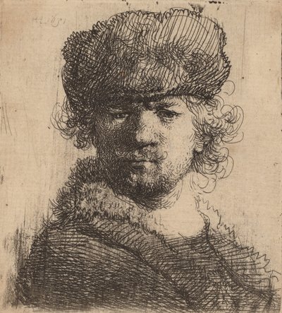 重い毛皮の帽子をかぶった自画像、1631年。 作： Rembrandt van Rijn