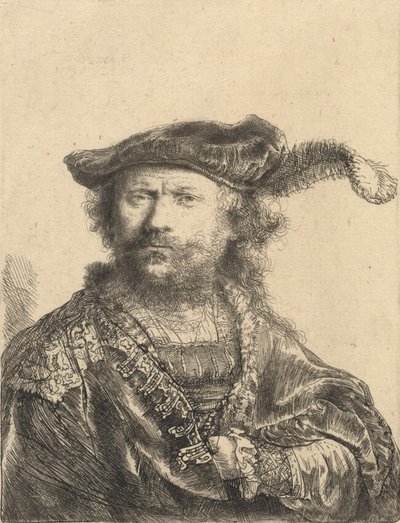 プルームのあるベルベットの帽子をかぶった自画像、1638年。 作： Rembrandt van Rijn