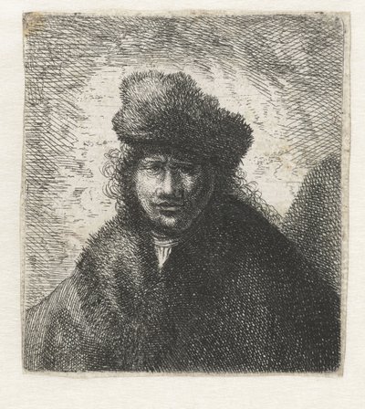 斜めの毛皮の帽子をかぶった自画像: 胸像、1631 年頃。 作： Rembrandt van Rijn