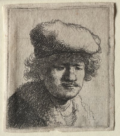 帽子を前に出した自画像 作： Rembrandt van Rijn