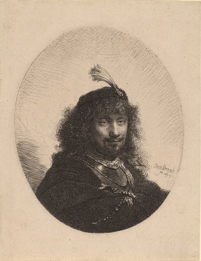 羽飾りの付いた帽子とサーベルを下げた自画像、1634年。 作： Rembrandt van Rijn