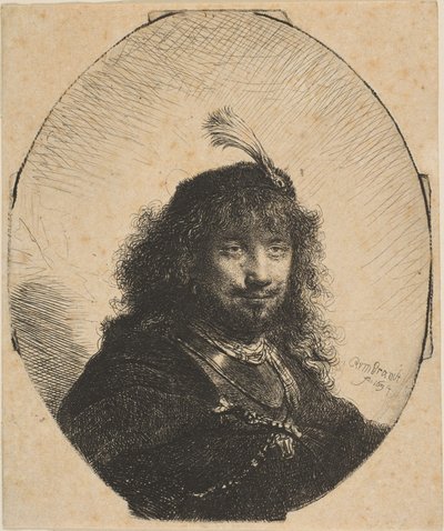 プラムキャップとローワーセイバーを備えた自画像、1634年。 作： Rembrandt van Rijn
