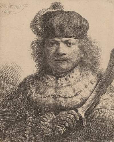 サーベルを掲げた自画像、1634年。 作： Rembrandt van Rijn