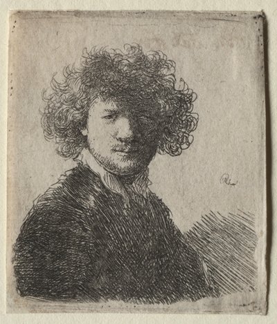 巻き髪に白襟の自画像：バスト 作： Rembrandt van Rijn
