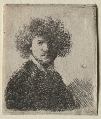 巻き毛と白い襟の自画像：バスト、c。 1630年。 作： Rembrandt van Rijn
