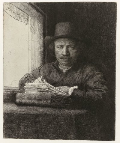 自画像、窓でエッチング 窓でエッチングしている自画像 作： Rembrandt van Rijn