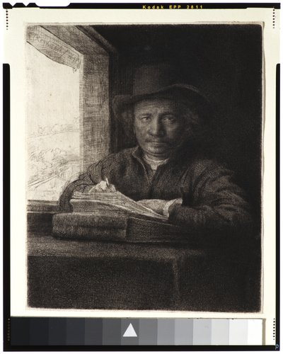 自画像、窓辺でのエッチング、1648（敷設紙へのエッチングと彫刻） 作： Rembrandt van Rijn